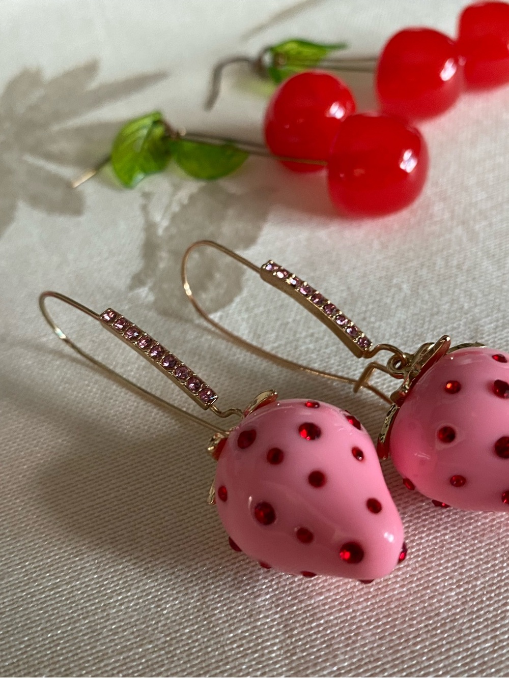 3 Pairs Pink Strawberry Drop Earrings with Crystal Accents / Red & Pink Cherries